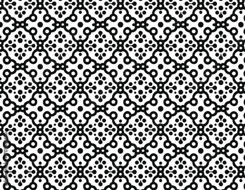 Intricate Black and White Design: A symmetrical geometric pattern, created with precisely arranged dots and interconnected lines, forms an elegant repeating design suitable for various applications.