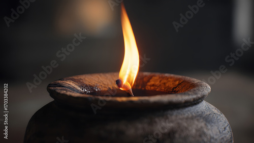 Rustic clay oil lamp with burning flame in darkness