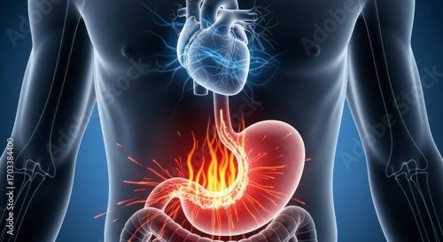 Fiery Heartburn and Electric Heart: Medical Illustration of Acid Reflux and Anxiety