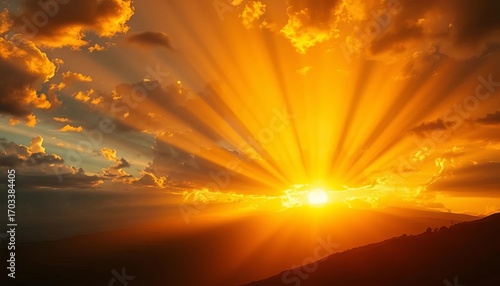 Golden light rays bursting through a dramatic sky, illuminating a mystical scene,  opulent,  scene