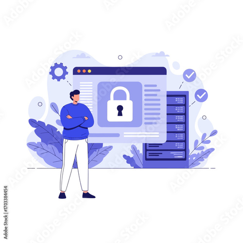 Man standing near computer screen with padlock icon and server rack
