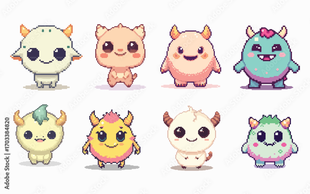 Obraz premium Pastel Pixel Baby Monsters with 8 Cute Cartoon Creatures