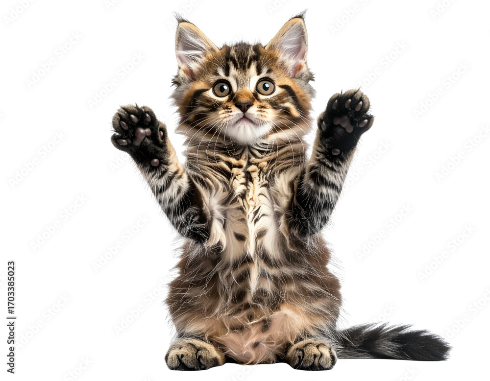 Fototapeta premium Adorable Tabby Kitten Begging with Raised Paws, Front View, Isolated
