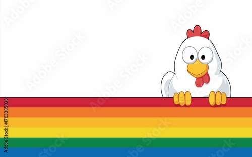 Cartoon chicken peeking over a rainbow-colored banner