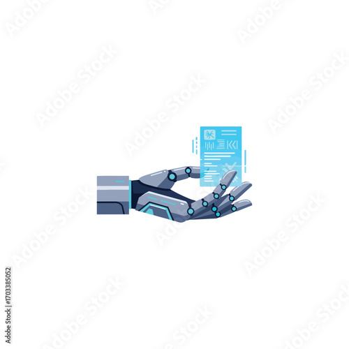 Robotic hand holding a futuristic holographic data interface, symbolizing artificial intelligence and advanced technology.
