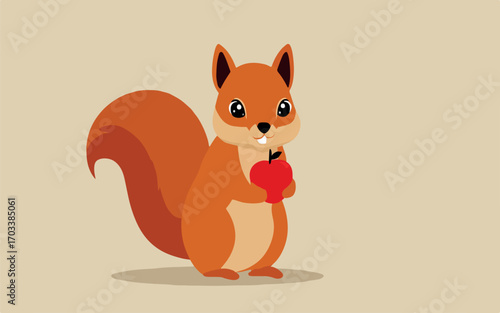 Cute squirrel holding a red apple
