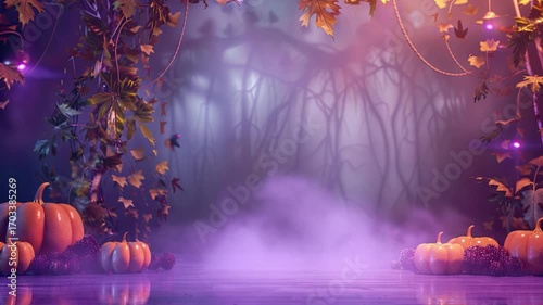 Enchanted Halloween Scene with Pumpkins, Vines, and Mystical Fog in a Spooky Forest