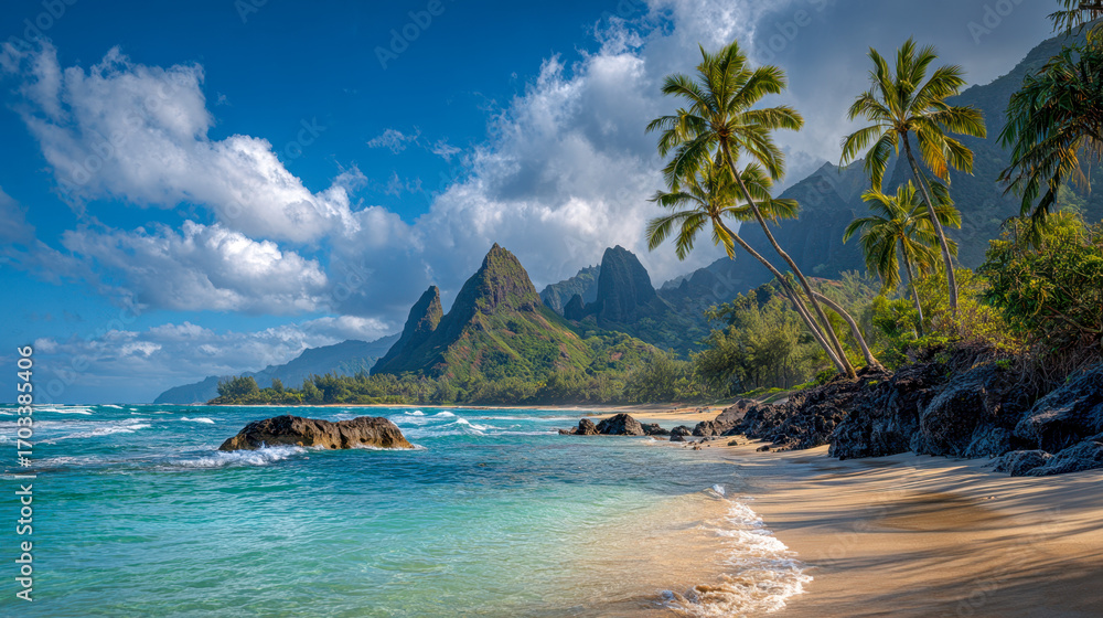 Fototapeta premium Serene tropical beach with crystal clear turquoise waters, palm trees leaning over sandy shore, and dramatic rugged mountain peaks under a partly cloudy sky