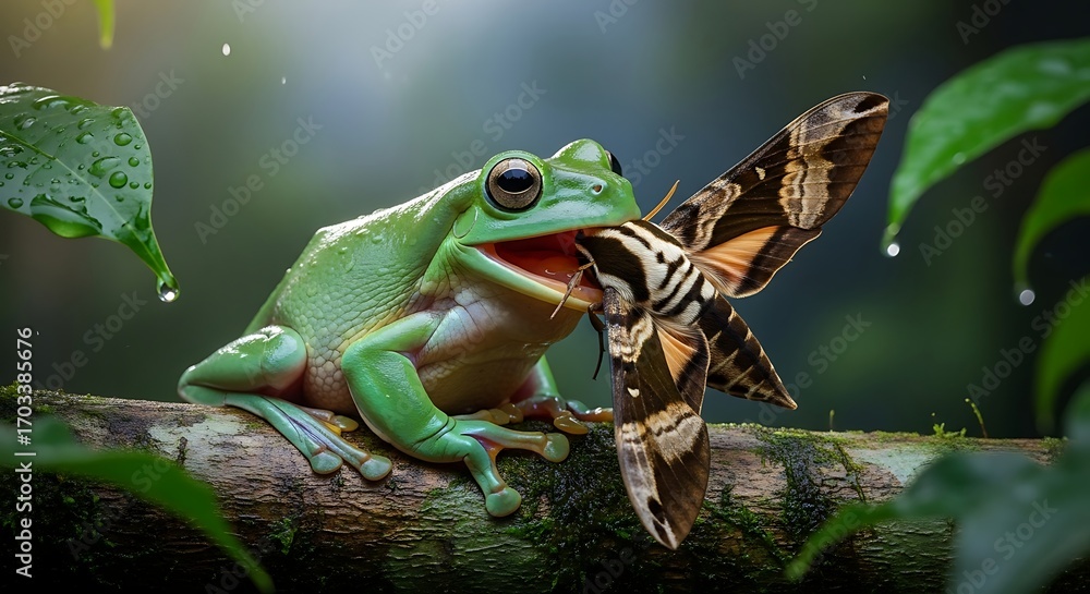 Fototapeta premium Green Tree Frog Eating Moth in Rain.