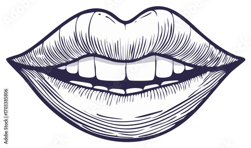 Detailed Engraved Artwork of Human Lips and Bright White Teeth Smiling Broadly
