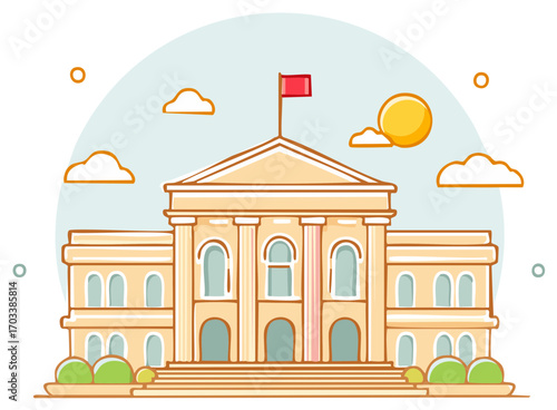 Neo-classical Government Building with Flag and Sunny Sky