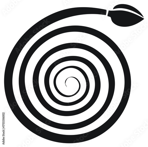 Elegant Spiral Design with Leaf Bud, Circular Swirl Pattern, Black and White Abstract Shape, Growth Concept
