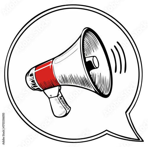 Red and White Megaphone Graphic Inside Speech Bubble Design for Announcements