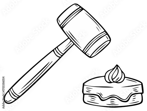 Judge's gavel about to smash a delicious slice of cake in a simple line art drawing