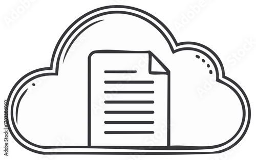 Hand drawn cloud computing icon with a document file for data storage sketch illustration
