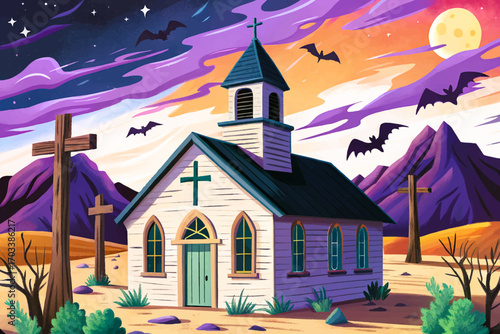 Old western church in ghost town, broken cross, eerie night sky filled with bats