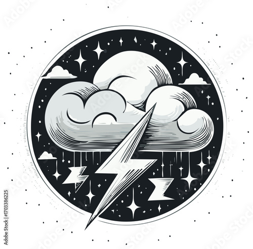 Dramatic Clouds Burst with Lightning Bolt Amidst Stars in Circular Space