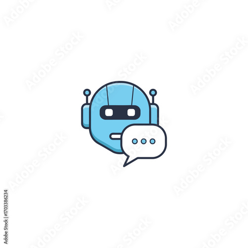 Friendly blue robot head communicating, speech bubble, simple design, AI assistance.