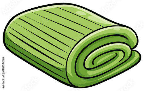 Rolled green yoga mat illustration. Cartoon style folded exercise mat.