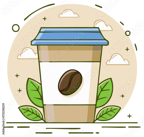 Illustrative Coffee Cup With Bean and Leaves