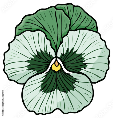 Vector Graphic Illustration of a Green Pansy Flower with Bold Outlines