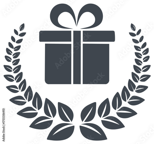 Vector icon of a gift box prize surrounded by a laurel wreath for a loyalty program award