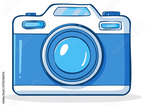 Cartoon illustration of a blue camera, isolated on white background