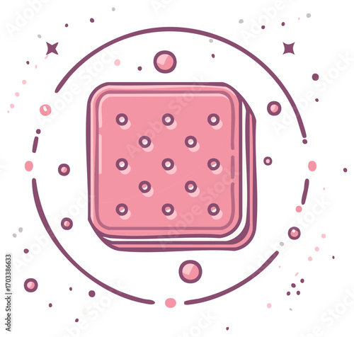 Playful Pink Square Cookie with Round Cutouts Framed by an Orbit of Dots and Stars