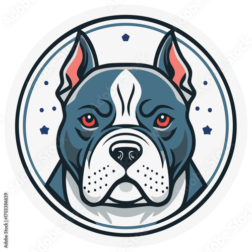 Stylized dog illustration in a round emblem design with a star theme