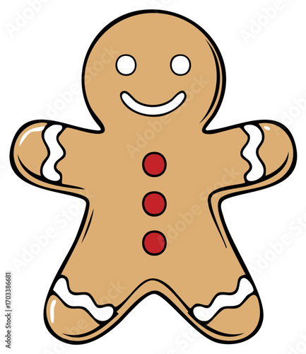 Festive gingerbread man cookie with frosting details and red buttons for holiday Christmas celebration illustration