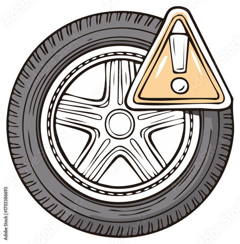 Illustration of a car tire with a warning sign, indicating issues or potential problems with the vehicle