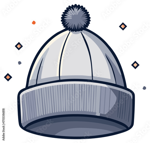 Winter beanie hat with a pompom and decorative elements for cold weather