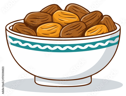 Vibrant cartoon illustration of a white bowl overflowing with delicious brown dates, showcasing healthy traditional food