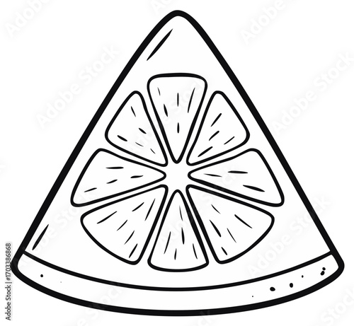 Simple black and white line art illustration of a refreshing citrus fruit slice icon