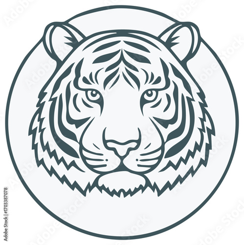 Stylized Tiger Head Illustration in a Circular Frame Bengal Tiger Face Design Graphic Animal Stripes Feline Wildlife