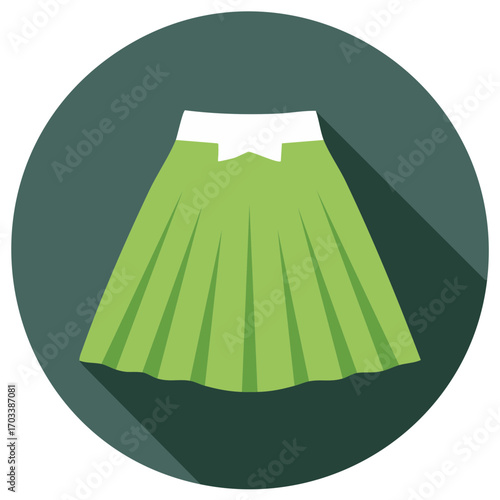 Stylish green skirt icon with pleats. Garment, summer fashion, elegant feminine clothing item. Casual apparel circle icon design.