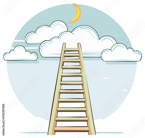 Ladder to Clouds and Crescent Moon Artistic Illustration for Success Dream Aspirations