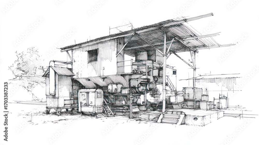 Obraz premium Grayscale industrial building drawing