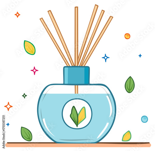 Illustrated aroma diffuser with reeds and decorative leaves in an artistic, cartoonish style
