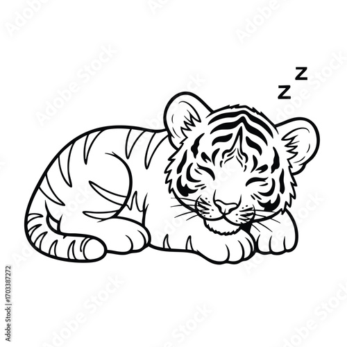 Cute sleeping tiger cub lying down peacefully with closed eyes and soft stripes in a calm resting pose