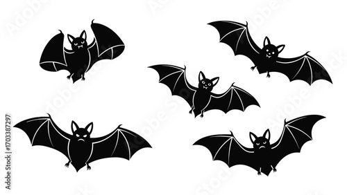 Vector cartoon illustrations of bats in flight for Halloween, available in EPS and PNG formats; a collection of flying bat illustrations