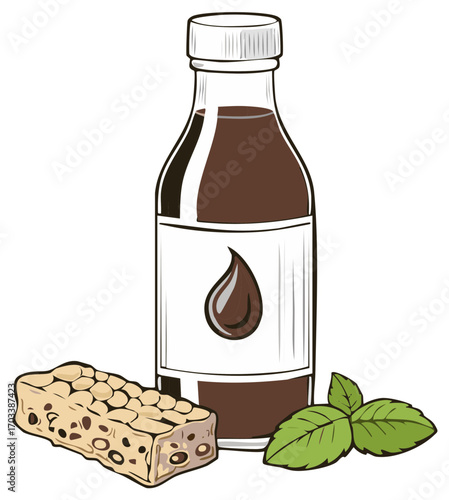 Illustration of a bottle with a liquid drop, a granola bar, and leaves