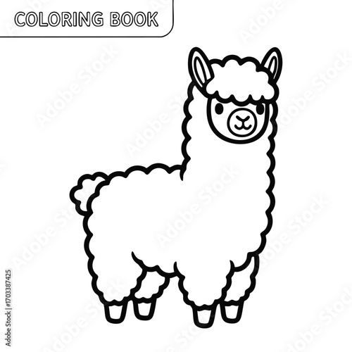 Cute cartoon alpaca with fluffy wool in a simple black and white coloring book style illustration for children