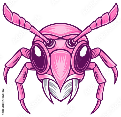 Fierce pink ant head mascot with sharp mandibles vector illustration