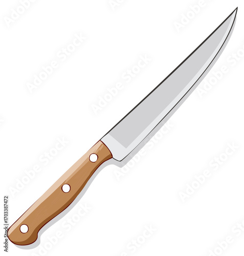 Sharp kitchen knife with metal blade and wooden handle vector illustration