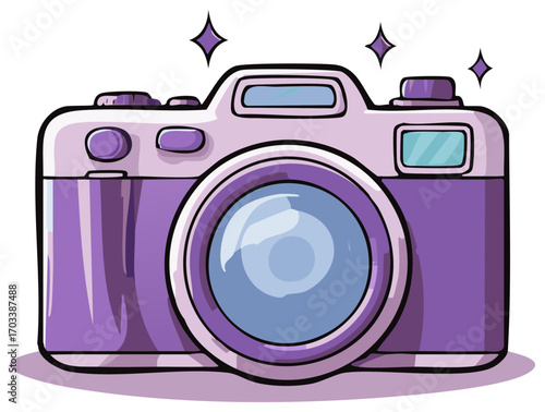 Cute cartoon purple retro camera with sparkling highlights