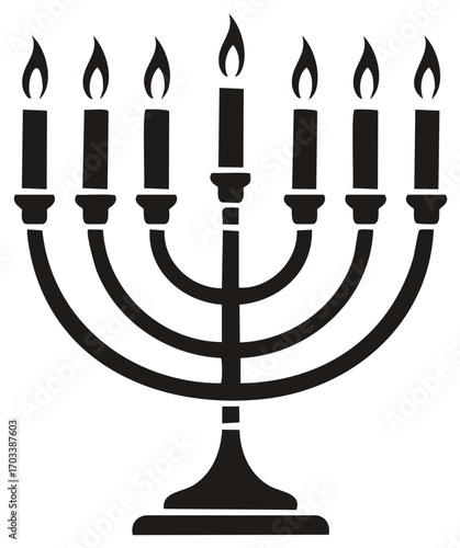 Black and white silhouette of a traditional menorah with seven burning candles