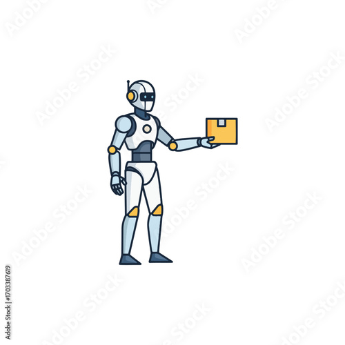 A futuristic robot character offering a cardboard box, representing delivery services.