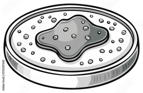Grayscale cartoon illustration of a petri dish with a growing bacterial culture for scientific research