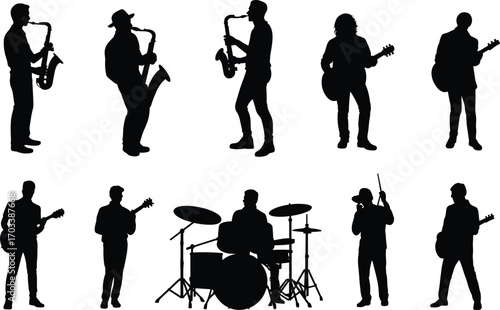 Silhouettes of musicians playing saxophone, guitar, drums, live band performance, musical instruments, jazz band, rock band, music players, concert, stage, music art, instrument players